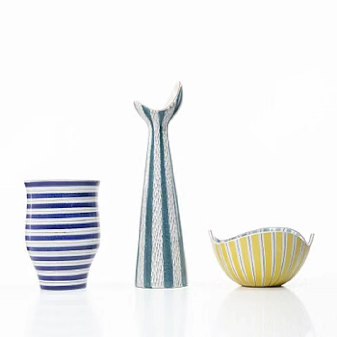 Stig Lindberg, Two faience vases and a bowl, Gustavsberg Studio.