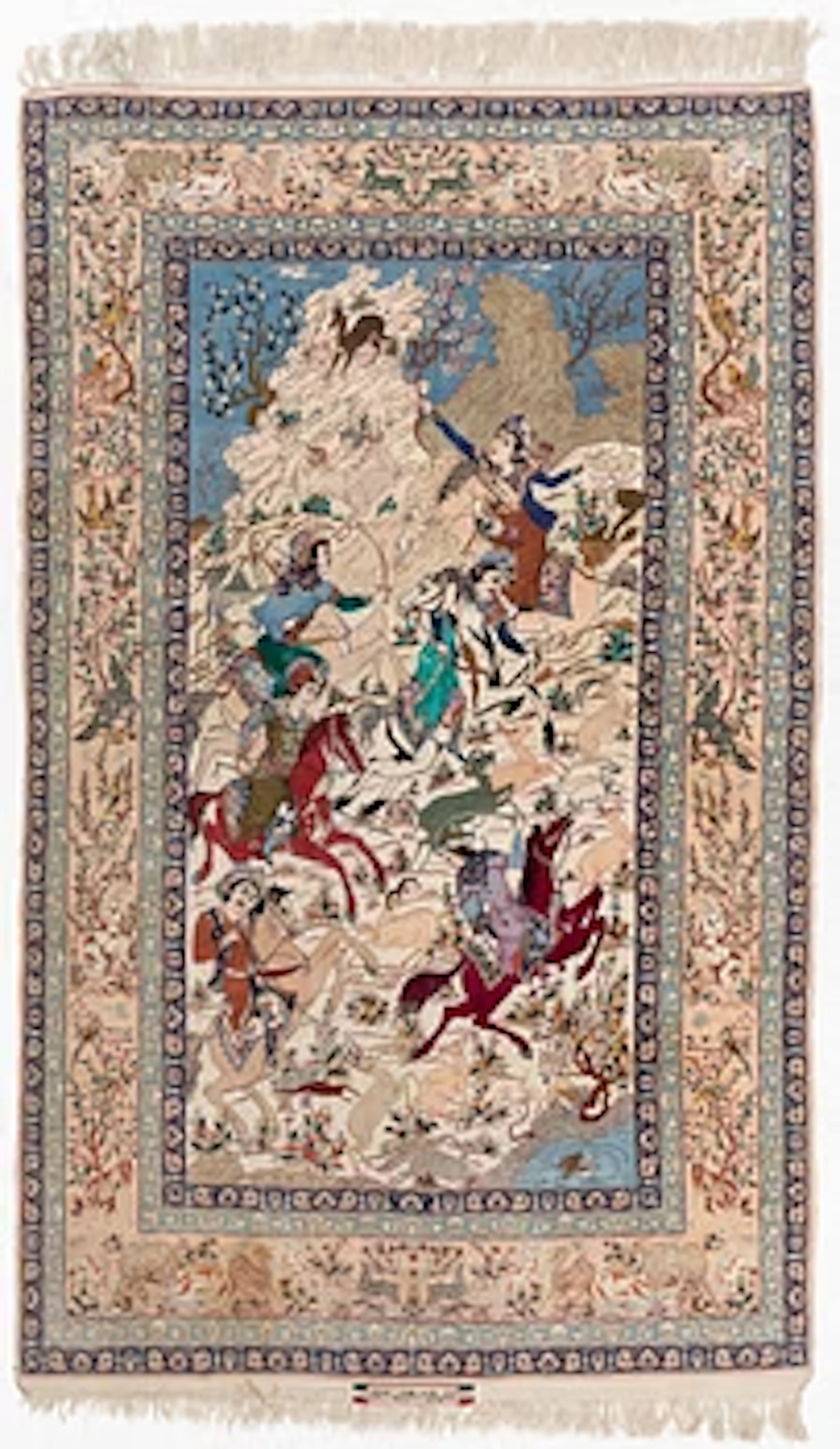 An Isfahan, figural, signed, carpet, c. 240 x 150 cm.