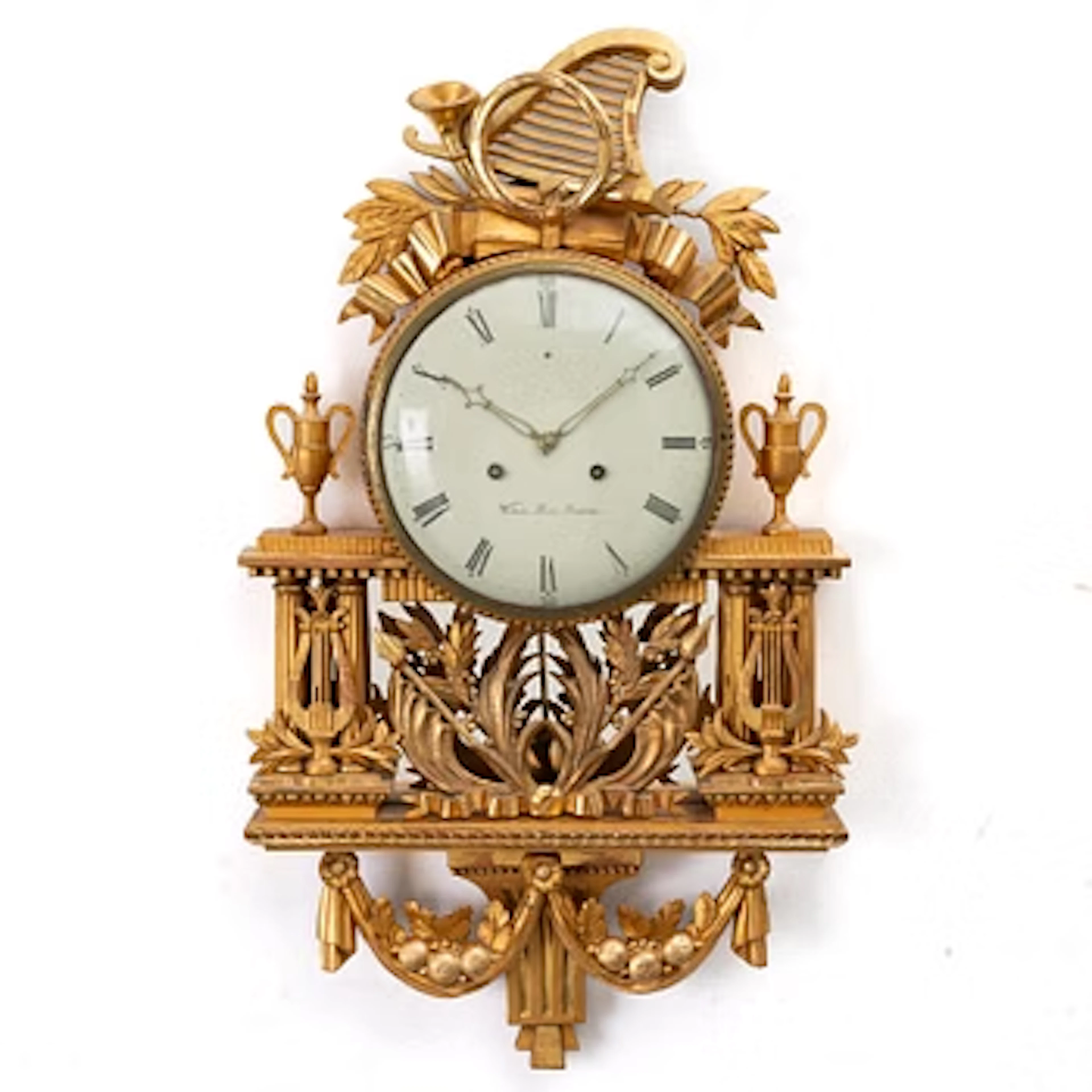 Wall-mounted clock, gilt, dial signed Wilhelm Pauli, Stockholm (active
