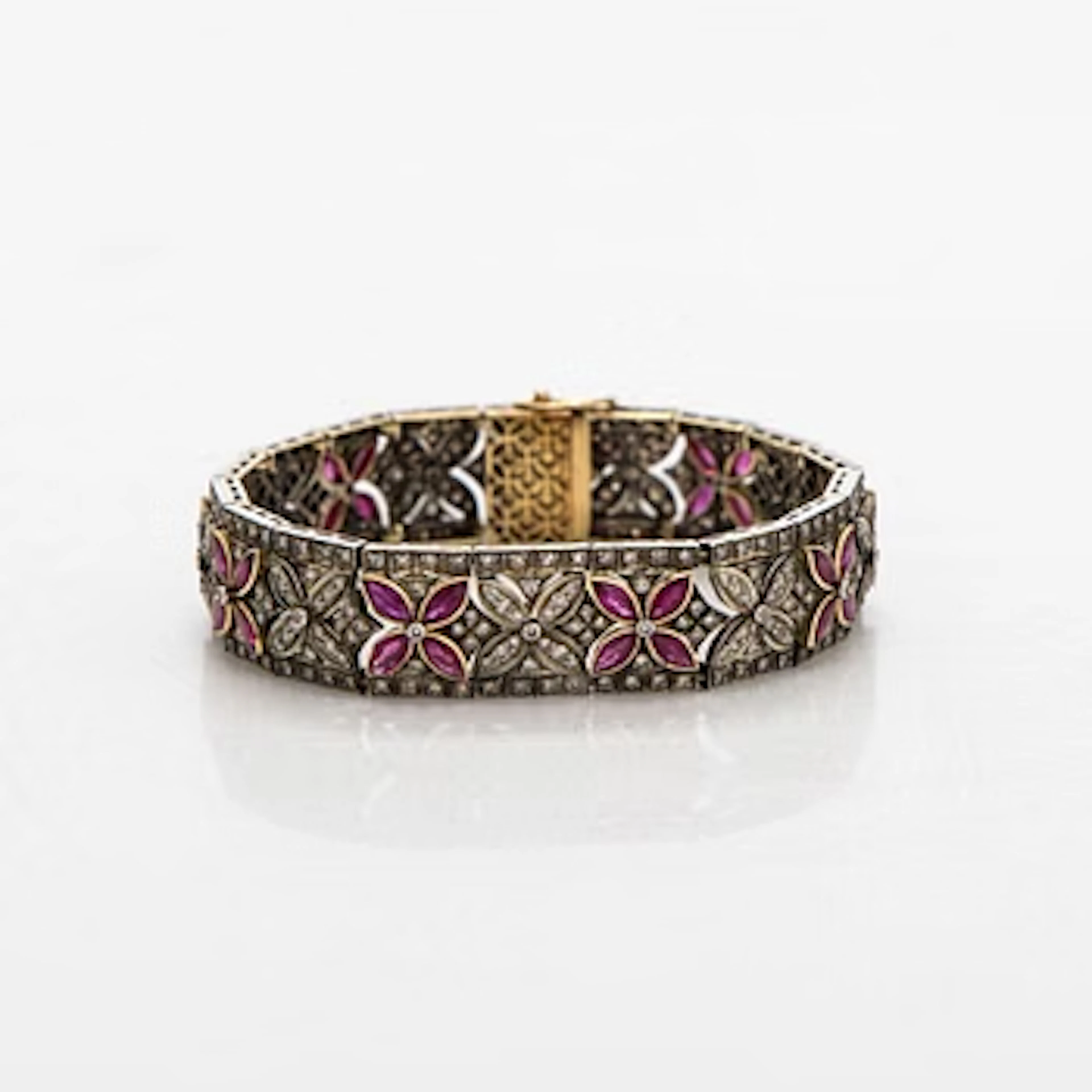 Bracelet, 8/8 cut diamonds, rubies, 14K gold, silver.