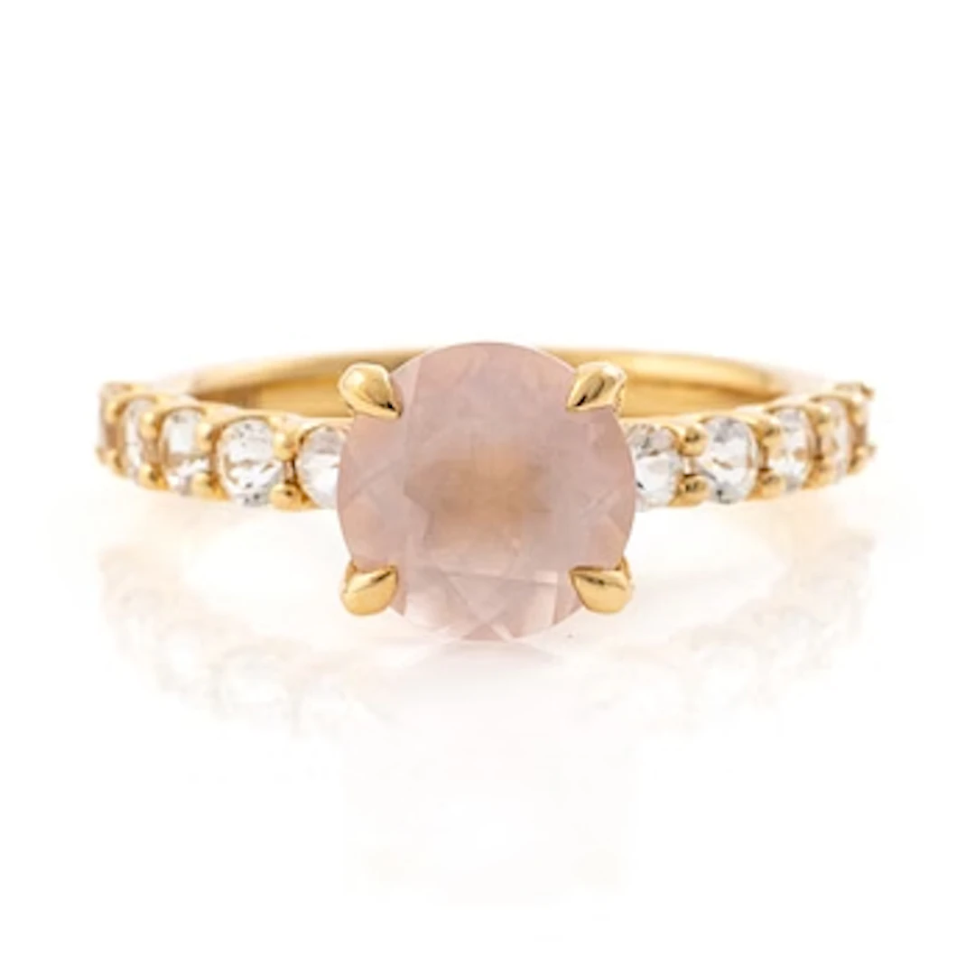 Mary Kay ring, 18K gold with a pink stone and white stones.
