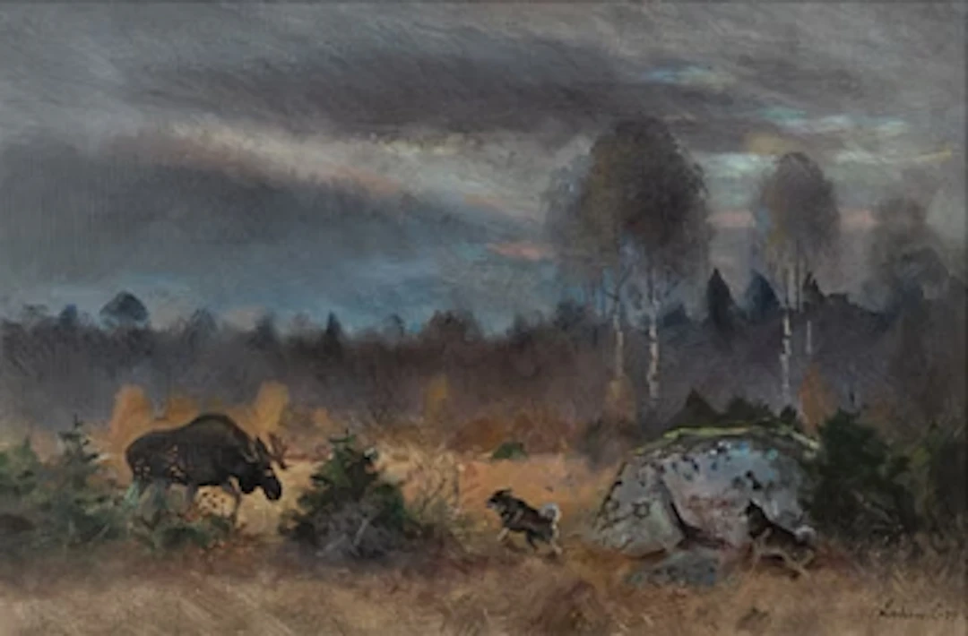 Lindorm Liljefors, Moose and Dogs in a Bog.