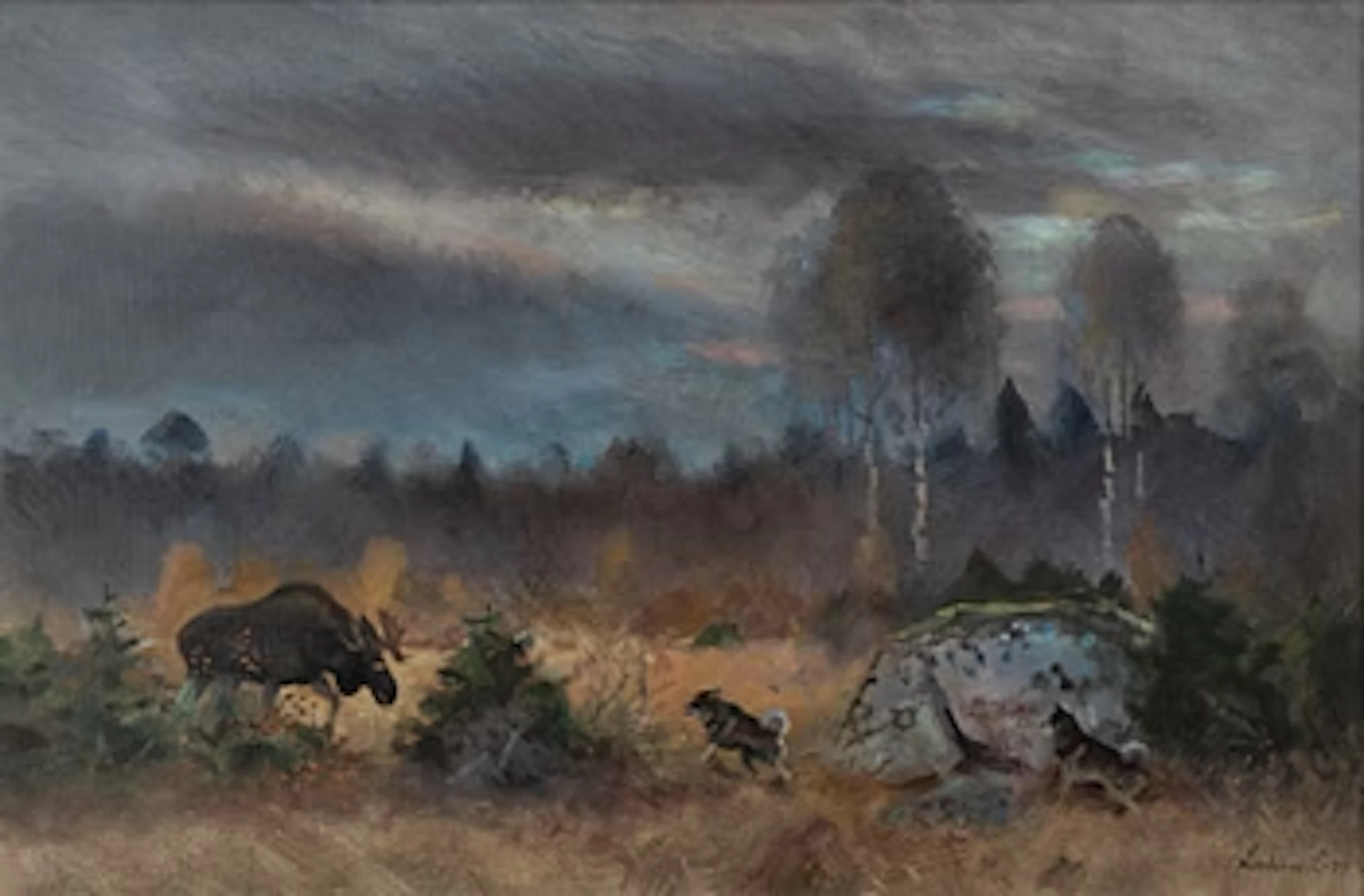Lindorm Liljefors, Moose and Dogs in a Bog.