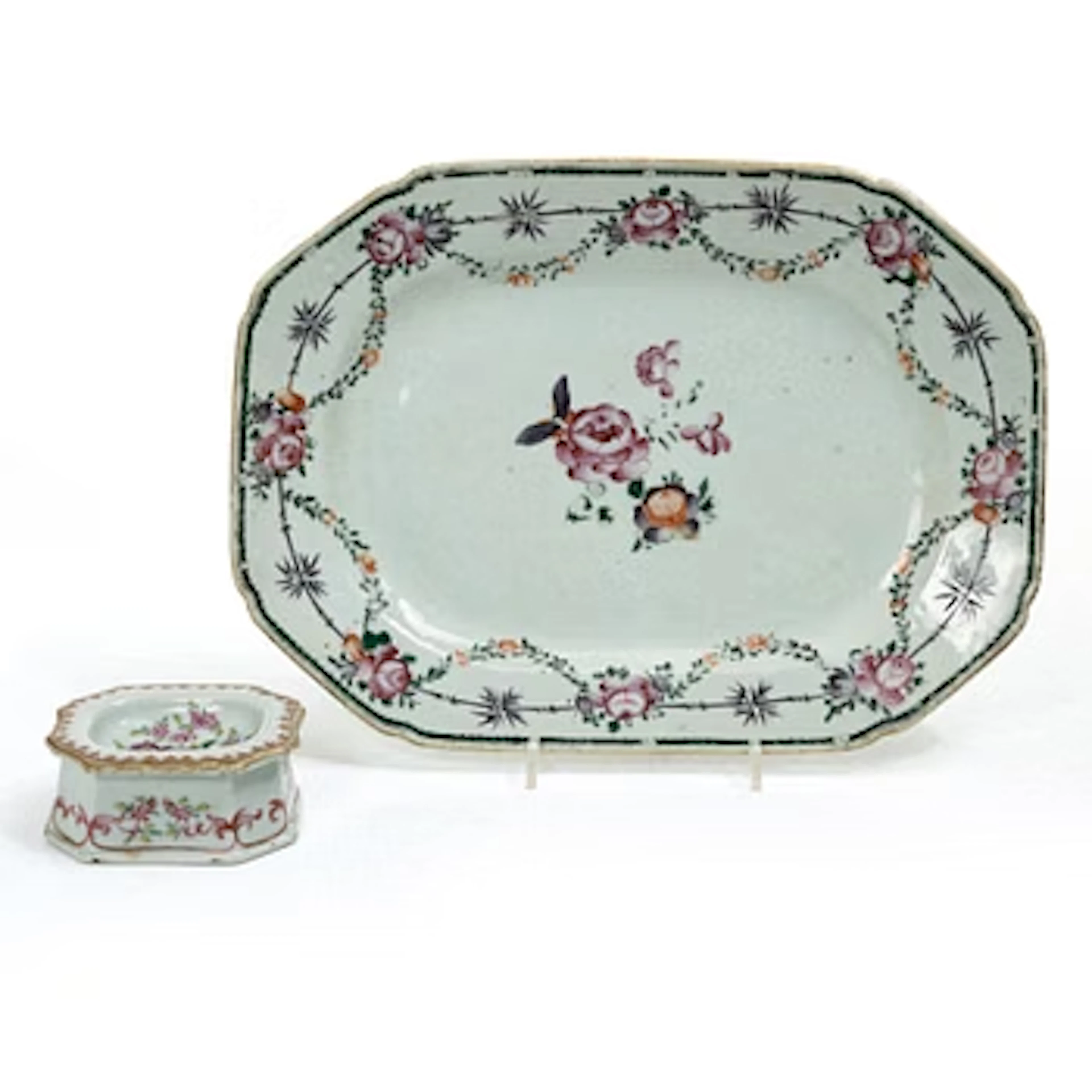 A Chinese famille rose porcelain serving dish and a salt, Qing dynasty