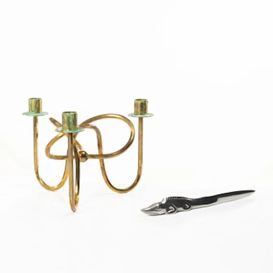 Firma Svenskt Tenn, Candelabrum, 'Vänskapsknuten', and paper knife