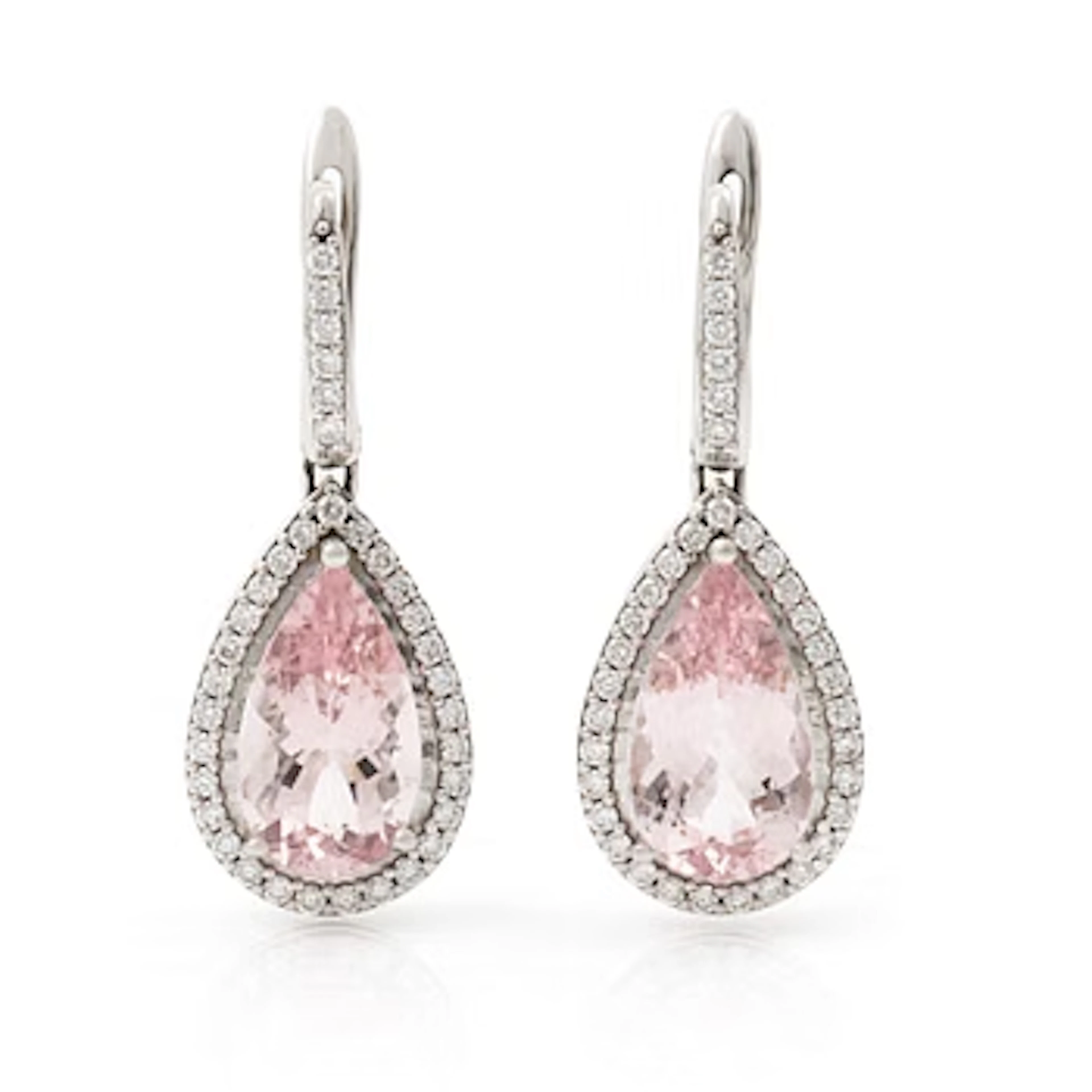 Earrings 18K white gold with drop-shaped faceted morganite and brilliant-cut