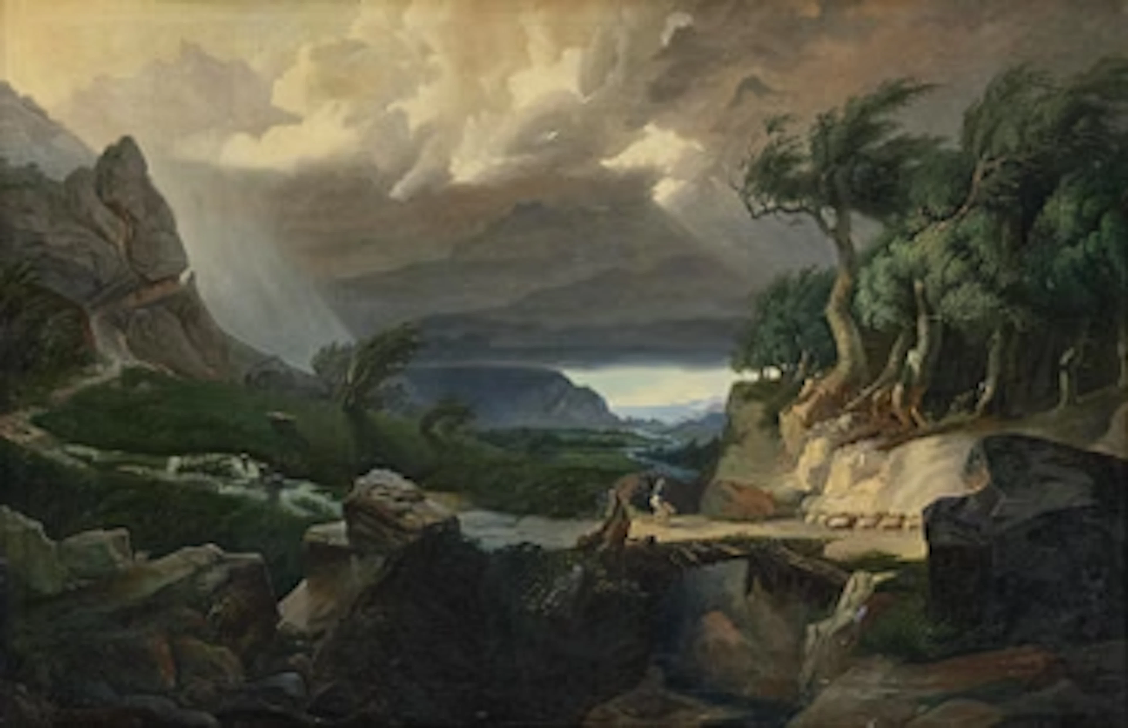 Unknown artist, 19th century, Stormy landscape with a shepherdess and sheep.