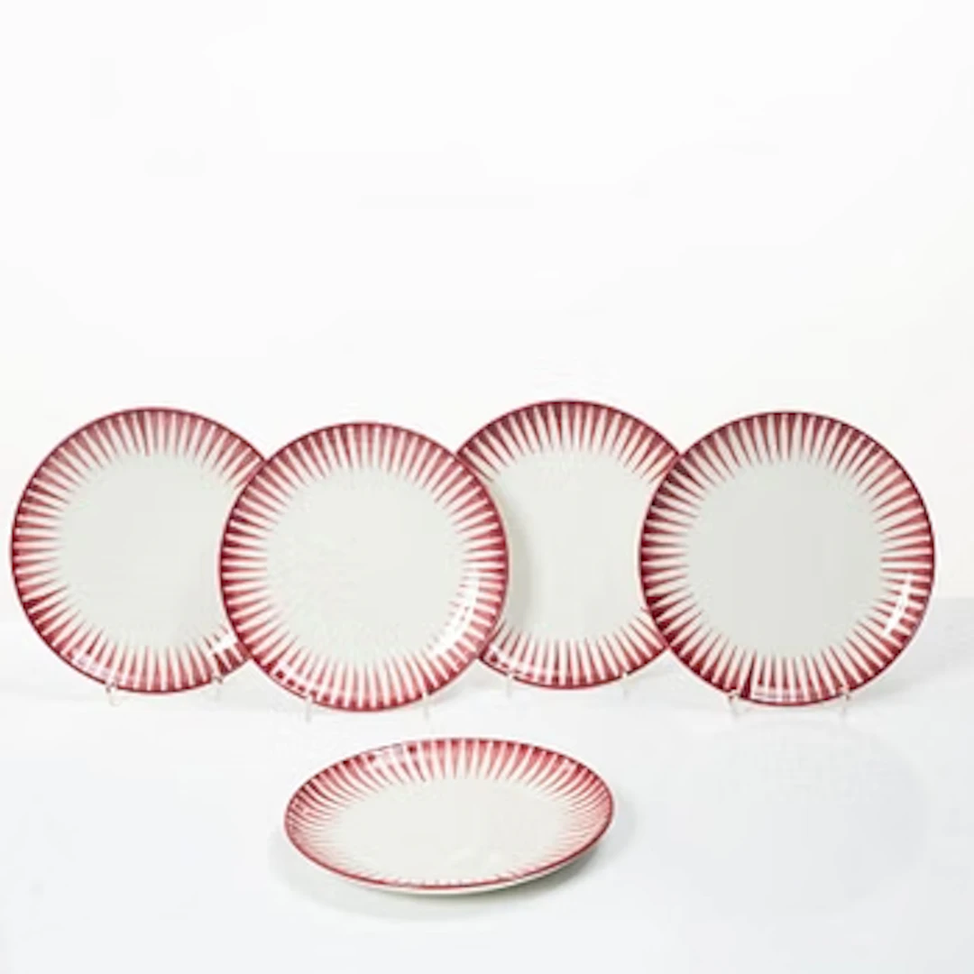 Eugen Trost, Five 'Red Zebra' cream-ware side plates. Uppsala-Ekeby Gefle.