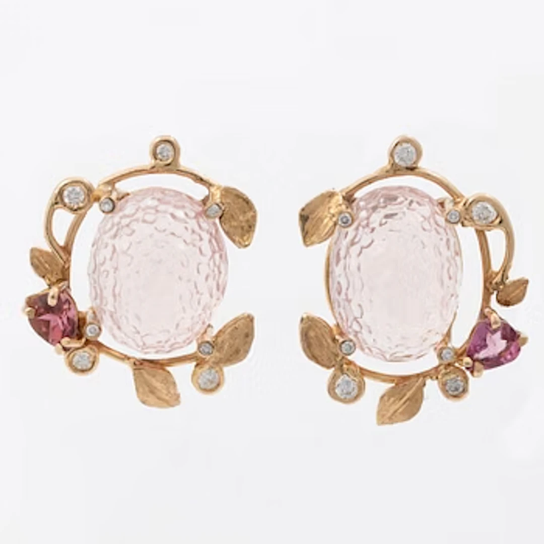 Earrings, Mandelstam, 18K gold with carved rose quartz, tourmalines