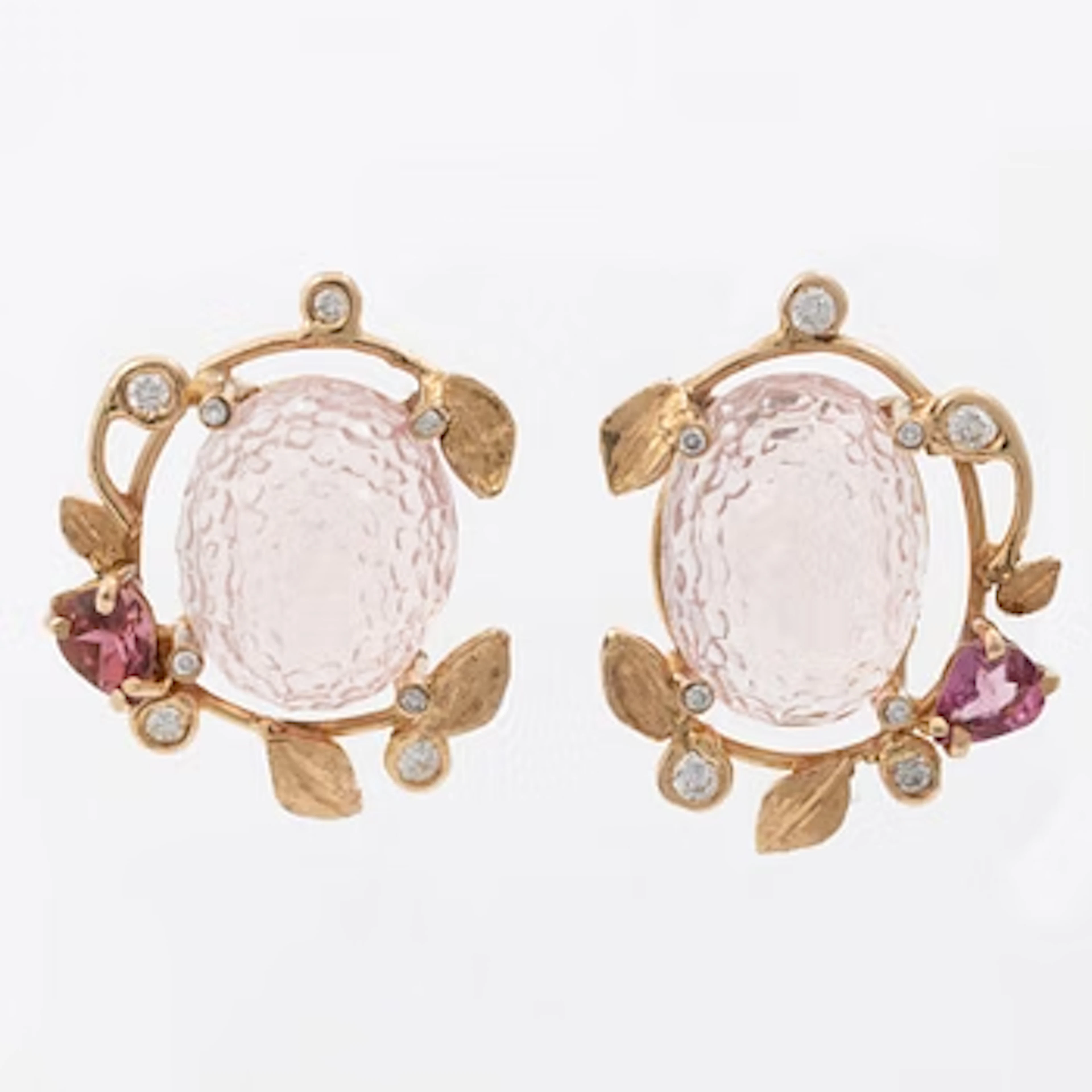 Earrings, Mandelstam, 18K gold with carved rose quartz, tourmalines