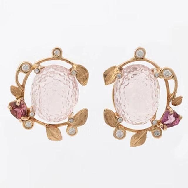 Earrings, Mandelstam, 18K gold with carved rose quartz, tourmalines