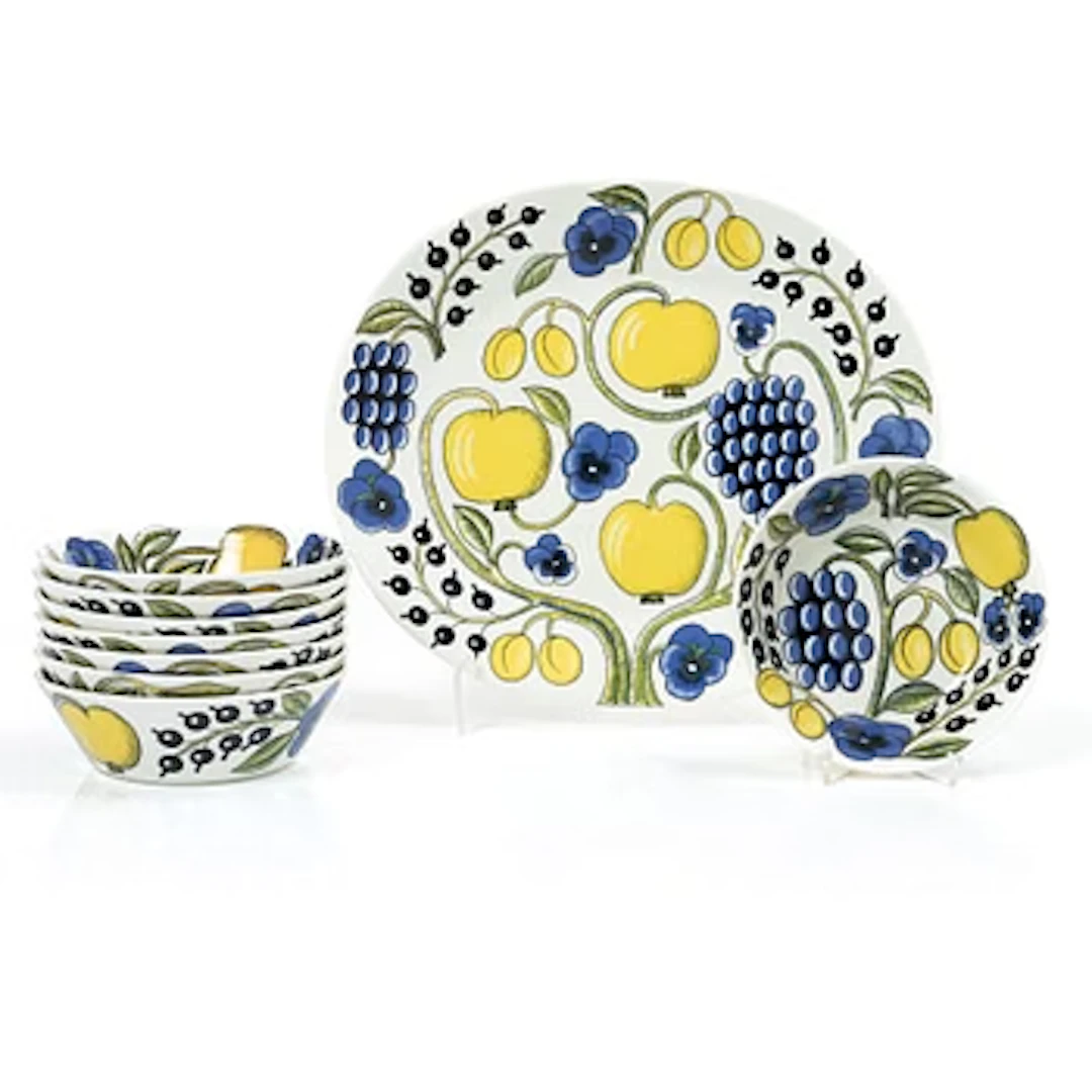 Birger Kaipiainen, Plate and 8 bowls, porcelain, “Paratiisi”, Arabia, Finland.