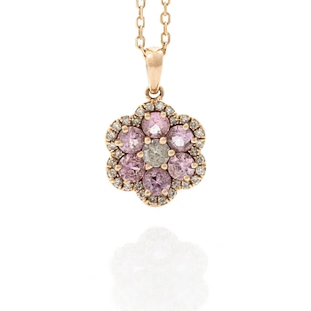 Necklace, 18K gold, with a flower-shaped pendant set with pink sapphires