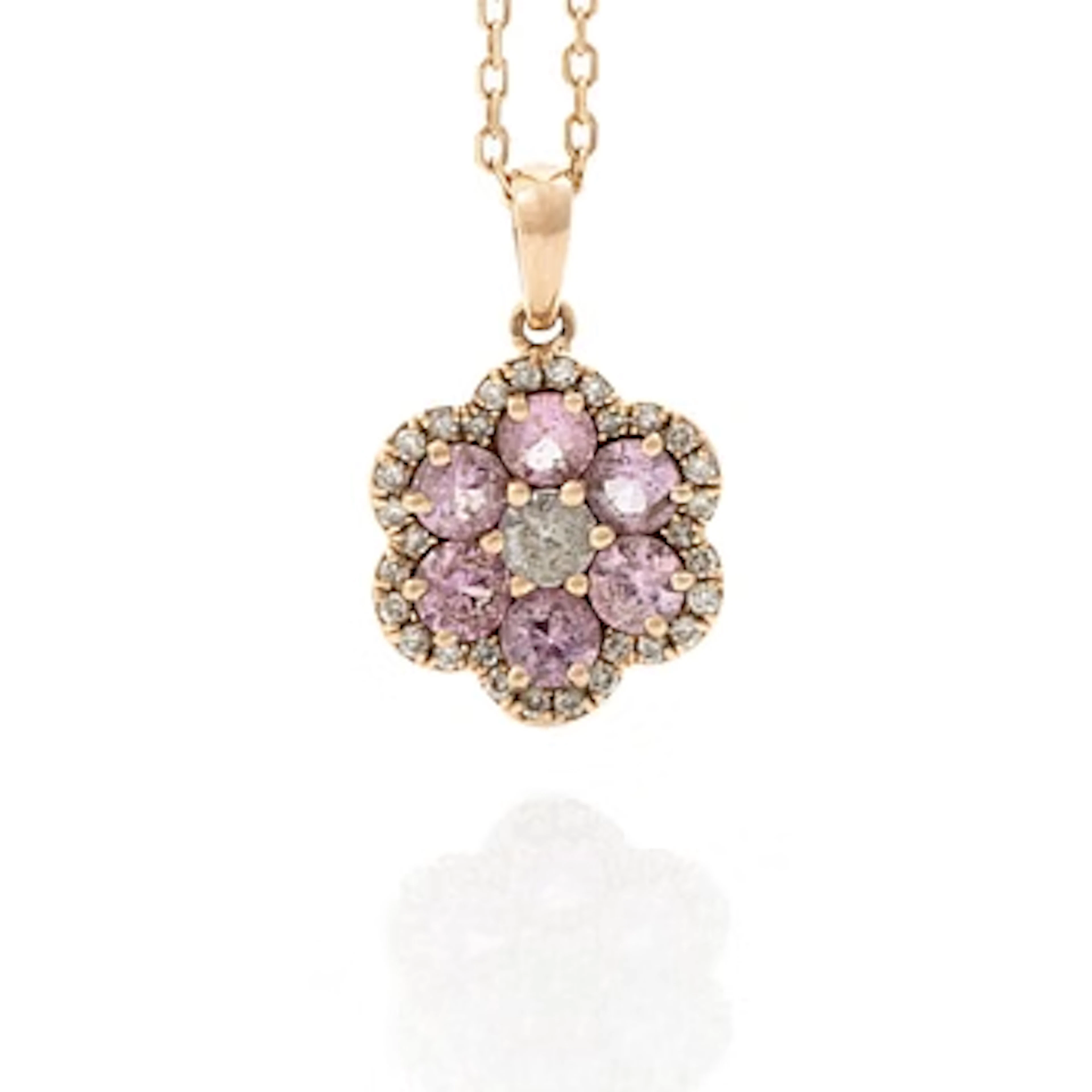 Necklace, 18K gold, with a flower-shaped pendant set with pink sapphires