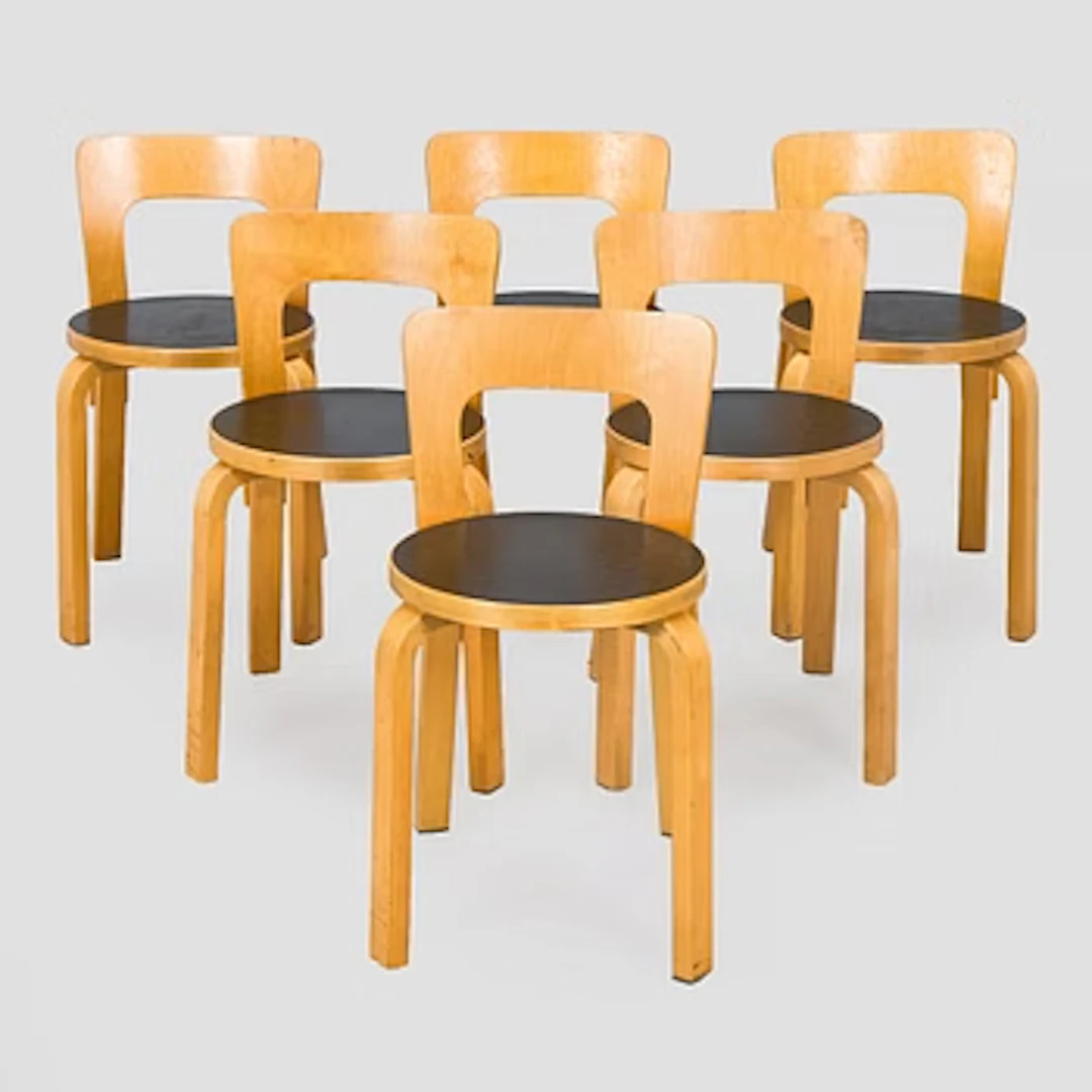 Alvar Aalto, a set of six chairs, model 66 for Artek, late 20th century.