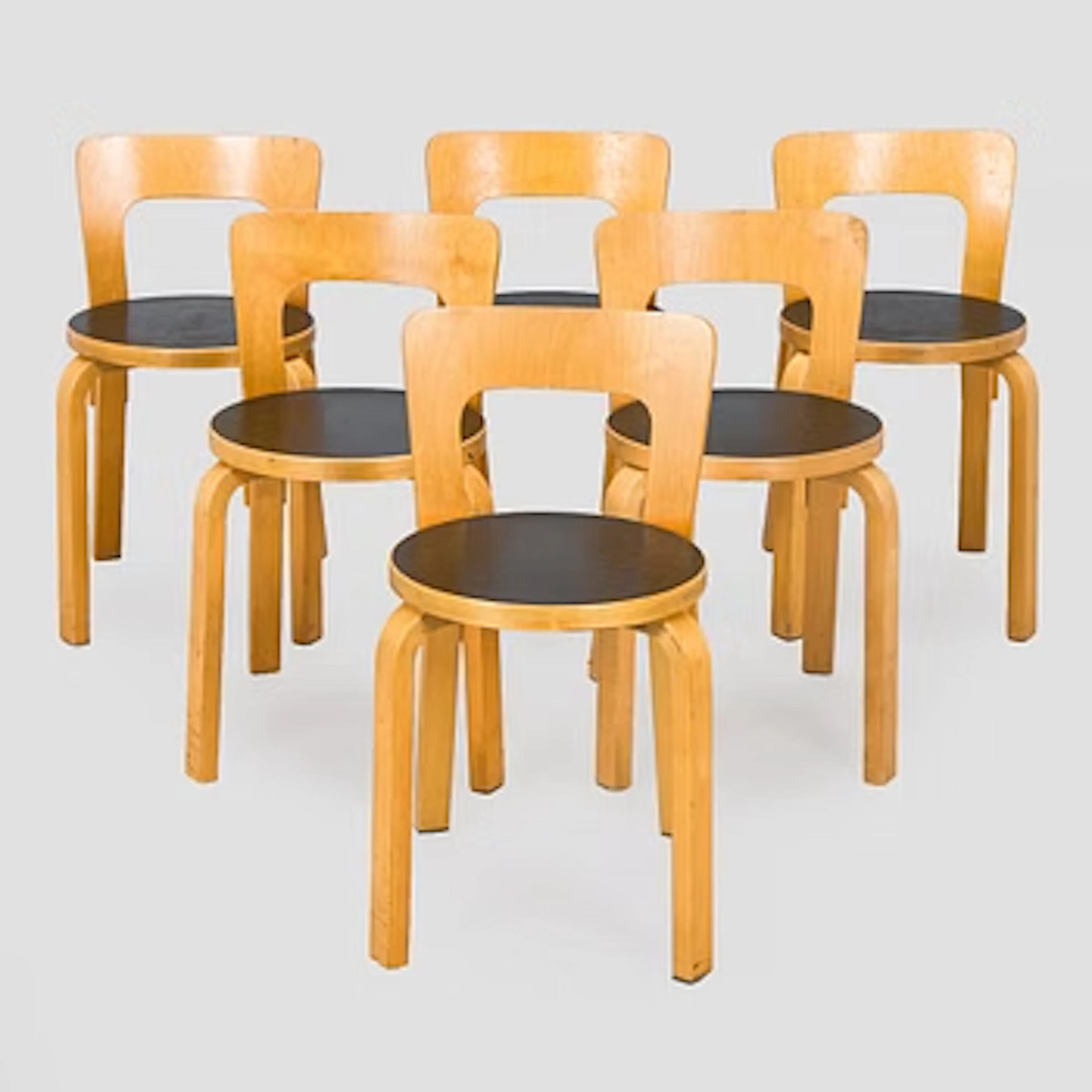 Alvar Aalto, a set of six chairs, model 66 for Artek, late 20th century.