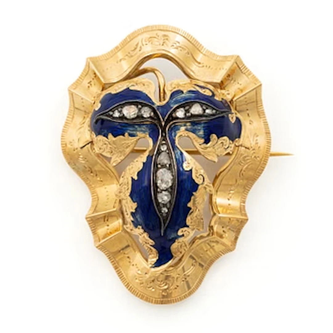 Brooch/pendant in 18K gold and enamel with rose-cut diamonds, 19th century.