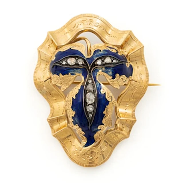 Brooch/pendant in 18K gold and enamel with rose-cut diamonds, 19th century.