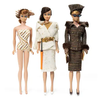 Barbie dolls, 3, with clothing and accessories, Mattel, 1960s.
