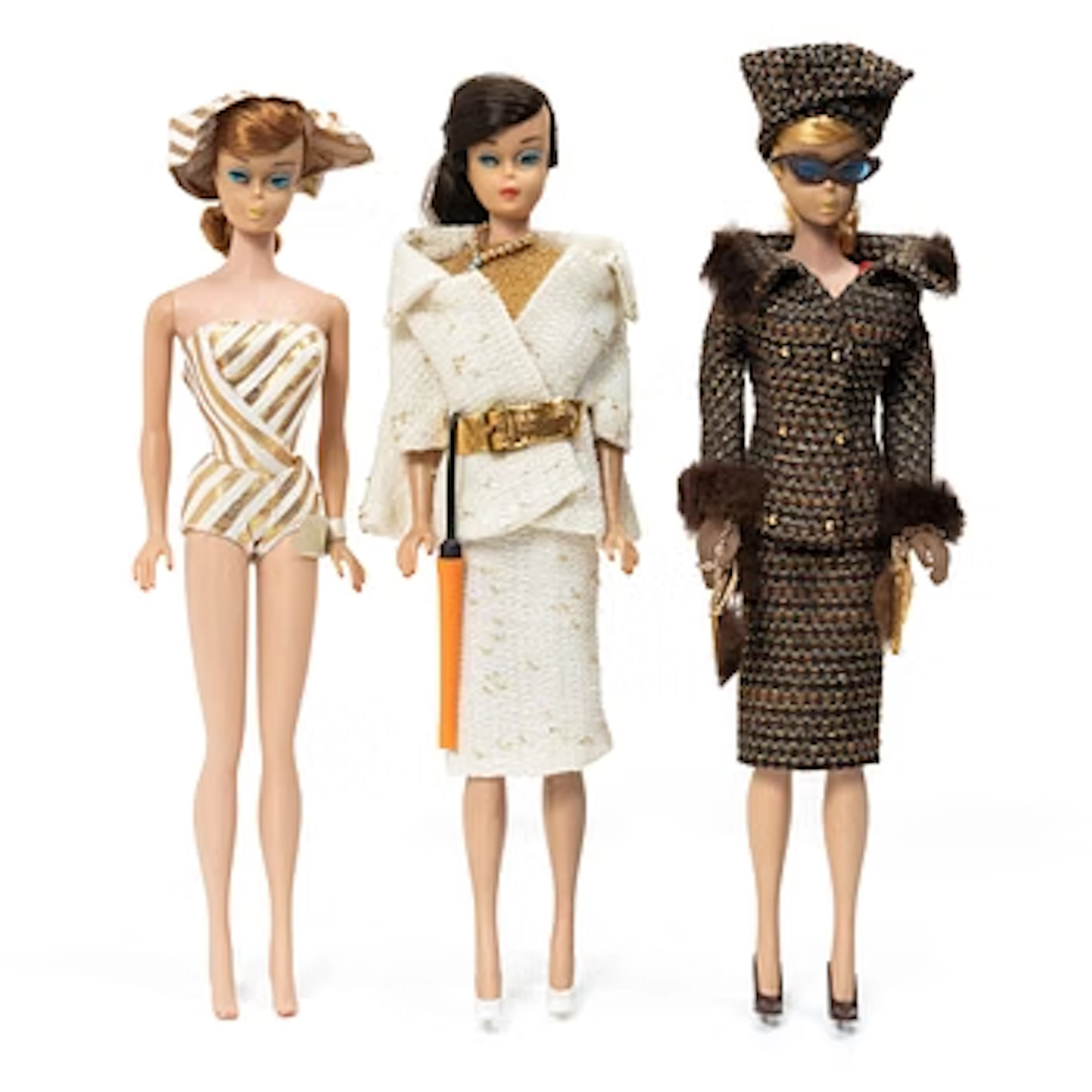 Barbie dolls, 3, with clothing and accessories, Mattel, 1960s.
