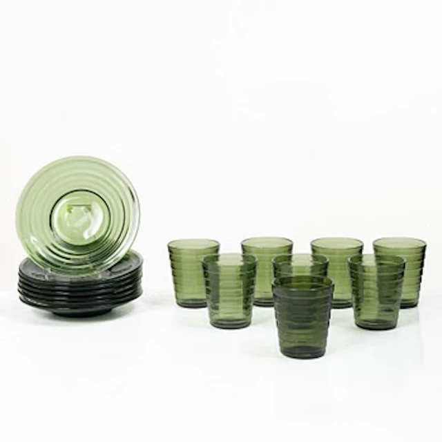 Aino Aalto, Eight 'Bölgeblick' glasses and seven side plates, Karhula