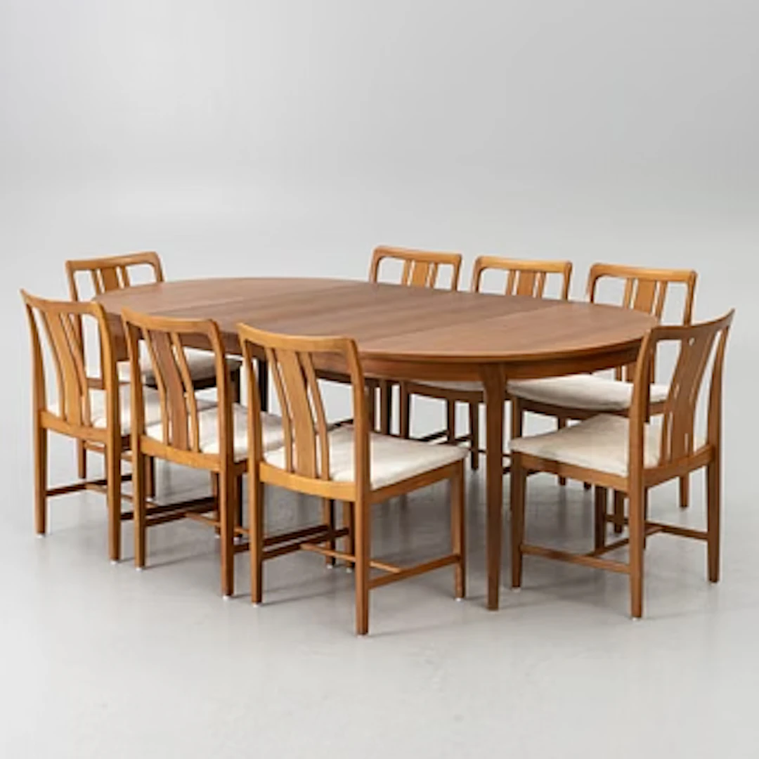 Linde Nilsson, dining table with eight chairs, Lammhult, second half