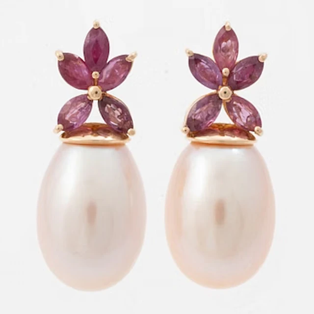 18K gold earrings with cultured freshwater pearls and navette-cut rubies.