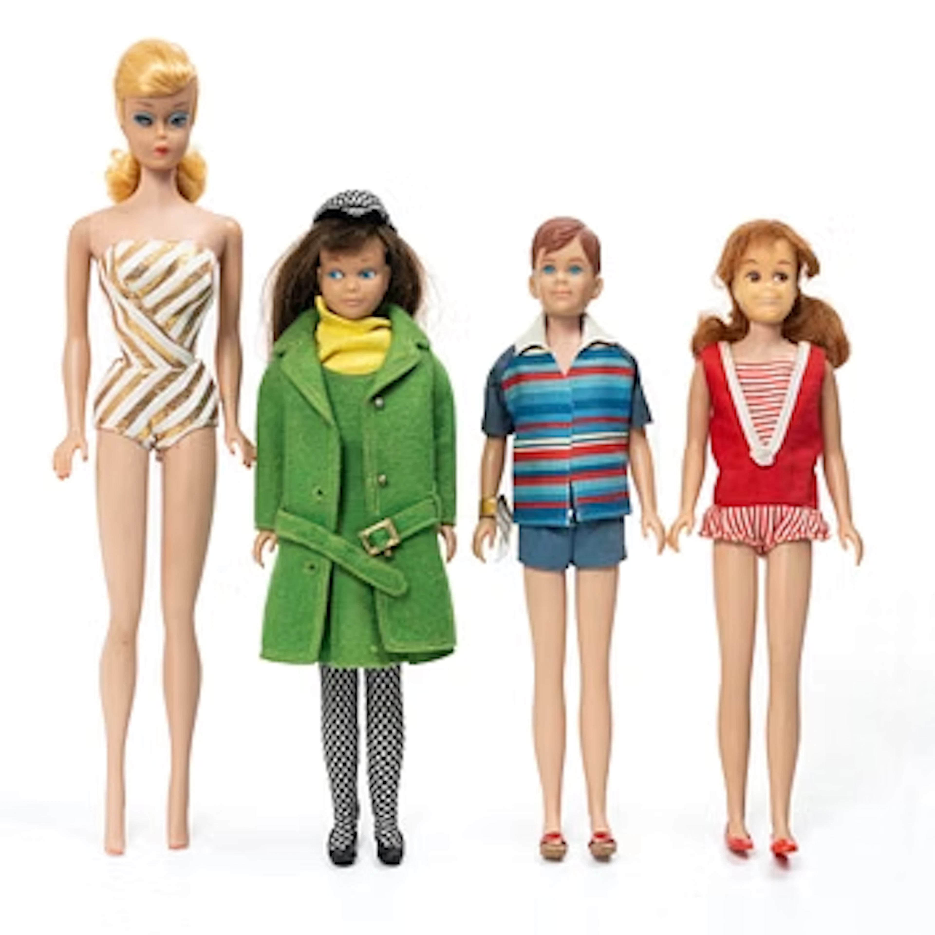 Barbie dolls, 4, with clothing and accessories, Mattel, 1960s.