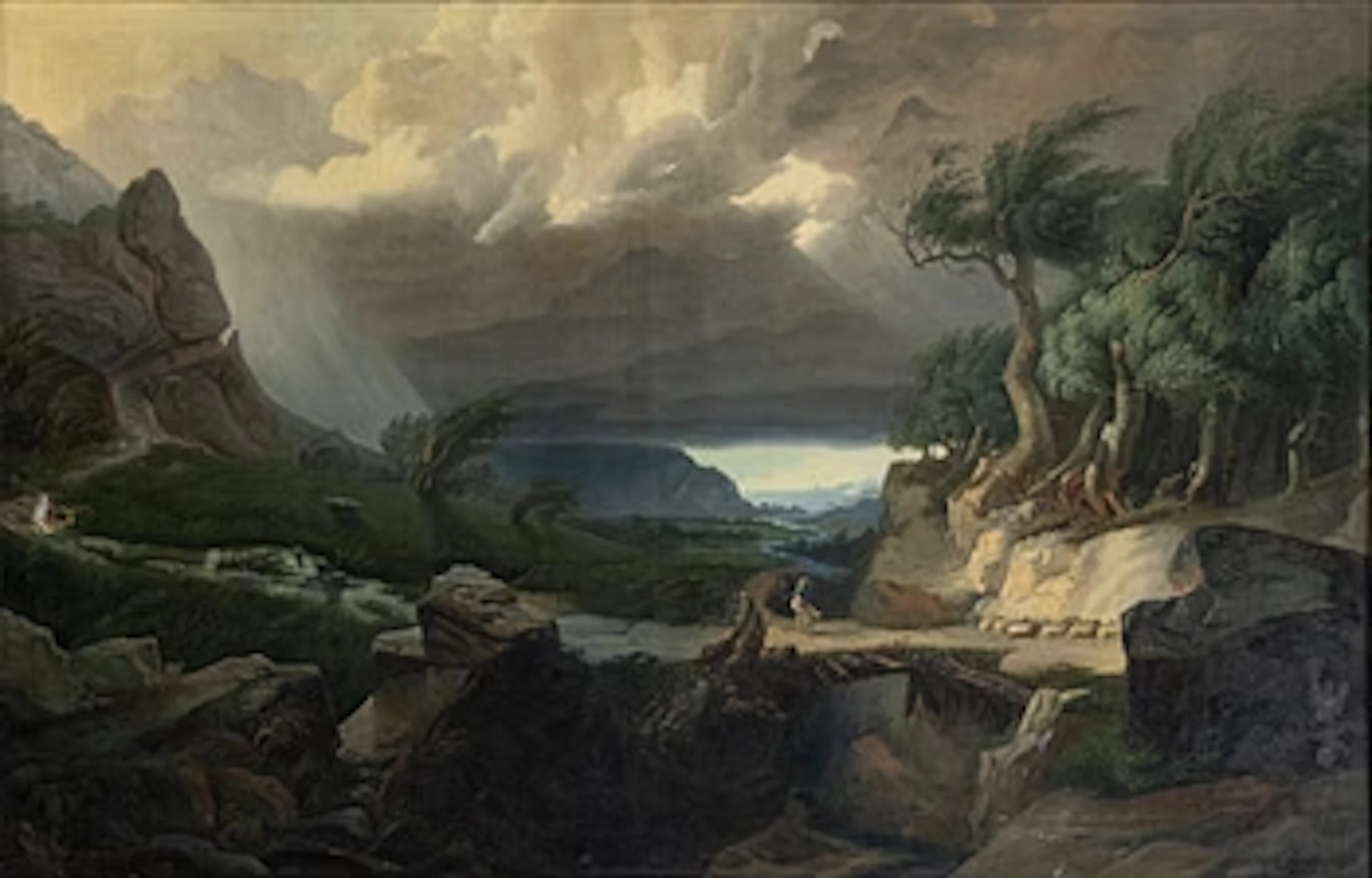 Unknown artist, 19th century, Stormy landscape with a shepherdess and sheep.