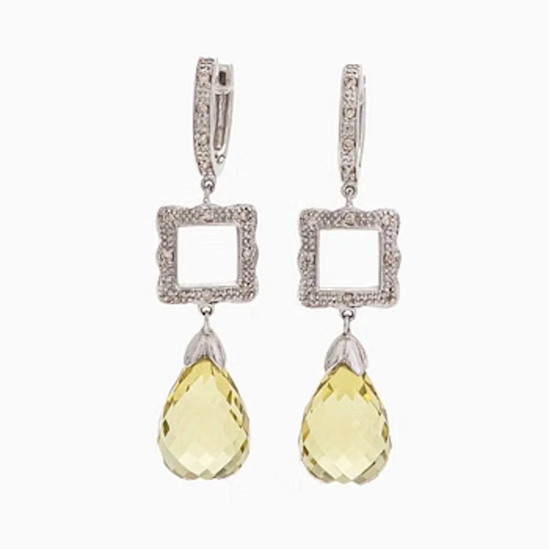 Earrings, 14K white gold, small diamonds, quartz briolettes.