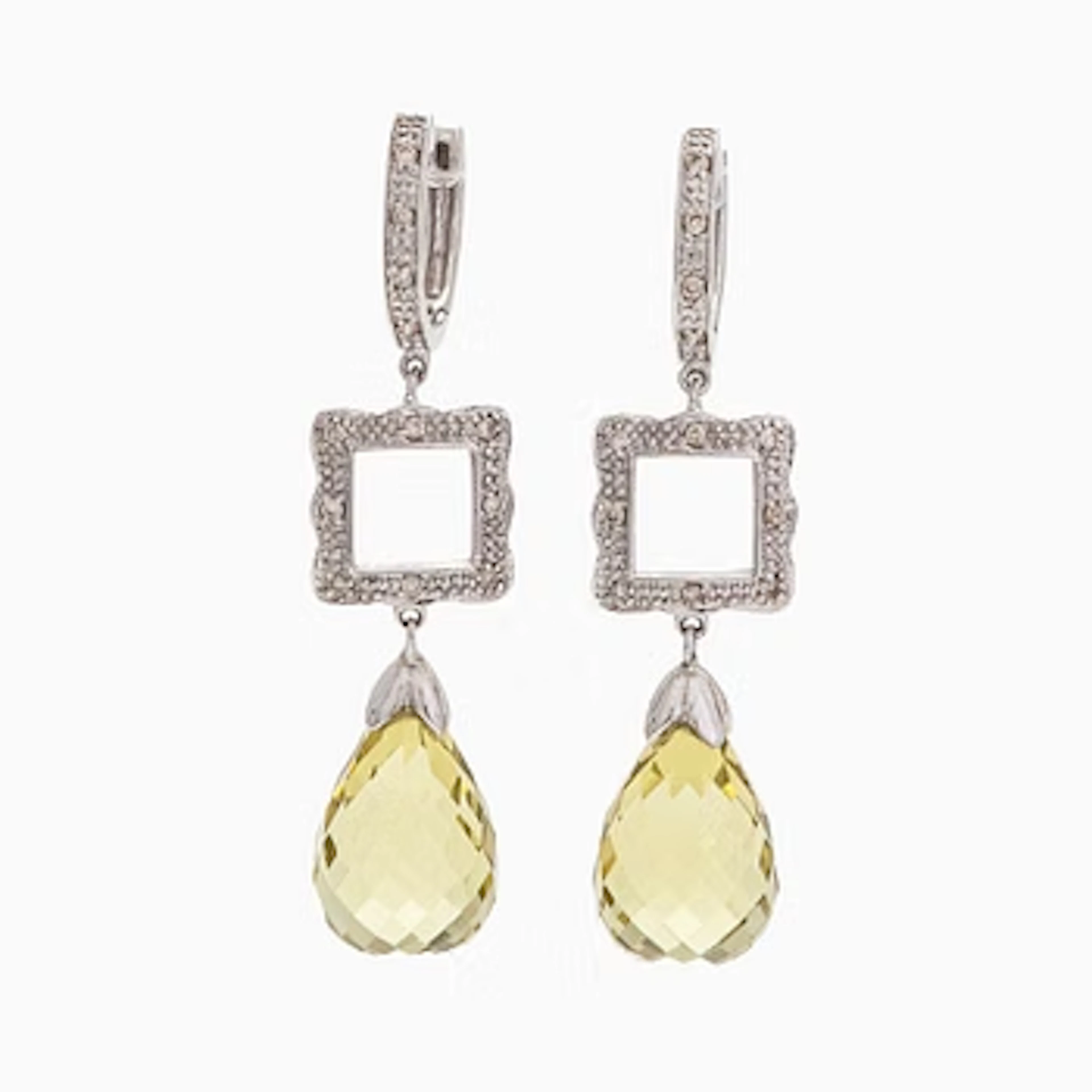 Earrings, 14K white gold, small diamonds, quartz briolettes.