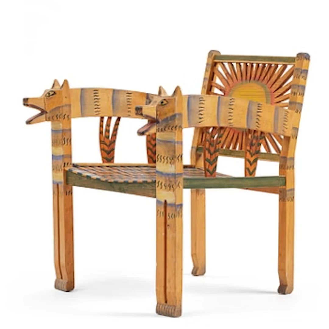 Gérard Rigot, a sculpted and painted oak chair, exectued in his studio