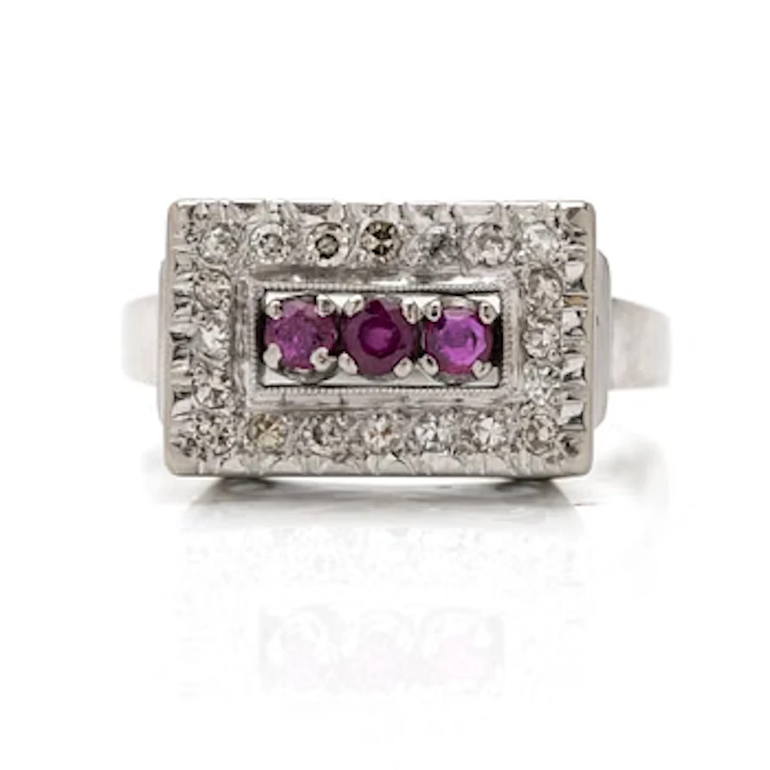 18K white gold ring with diamonds and rubies, Joh. Petterssons Stockholm 1957.