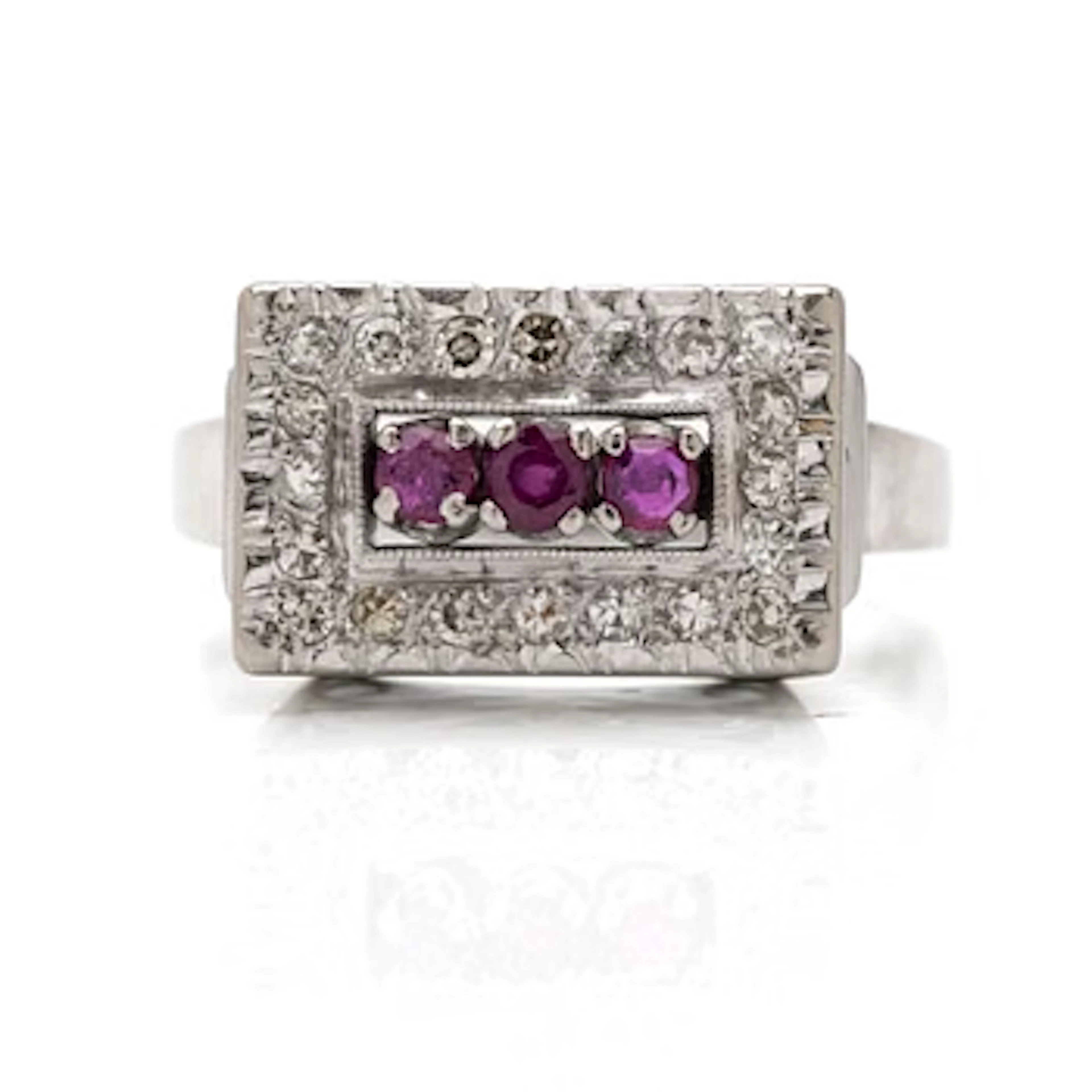 18K white gold ring with diamonds and rubies, Joh. Petterssons Stockholm 1957.