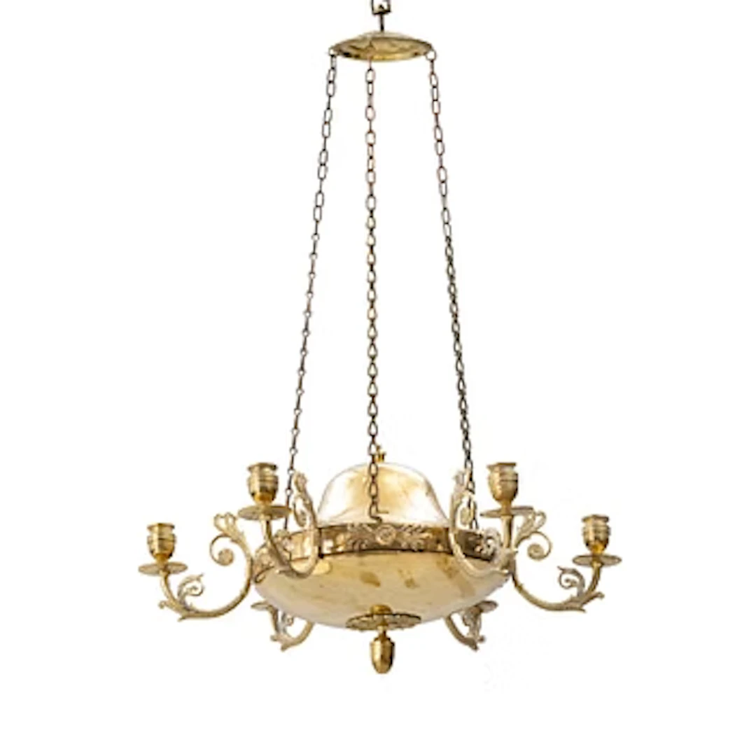 A Swedish Empire gilt brass six-branch chandelier, early 19th century.