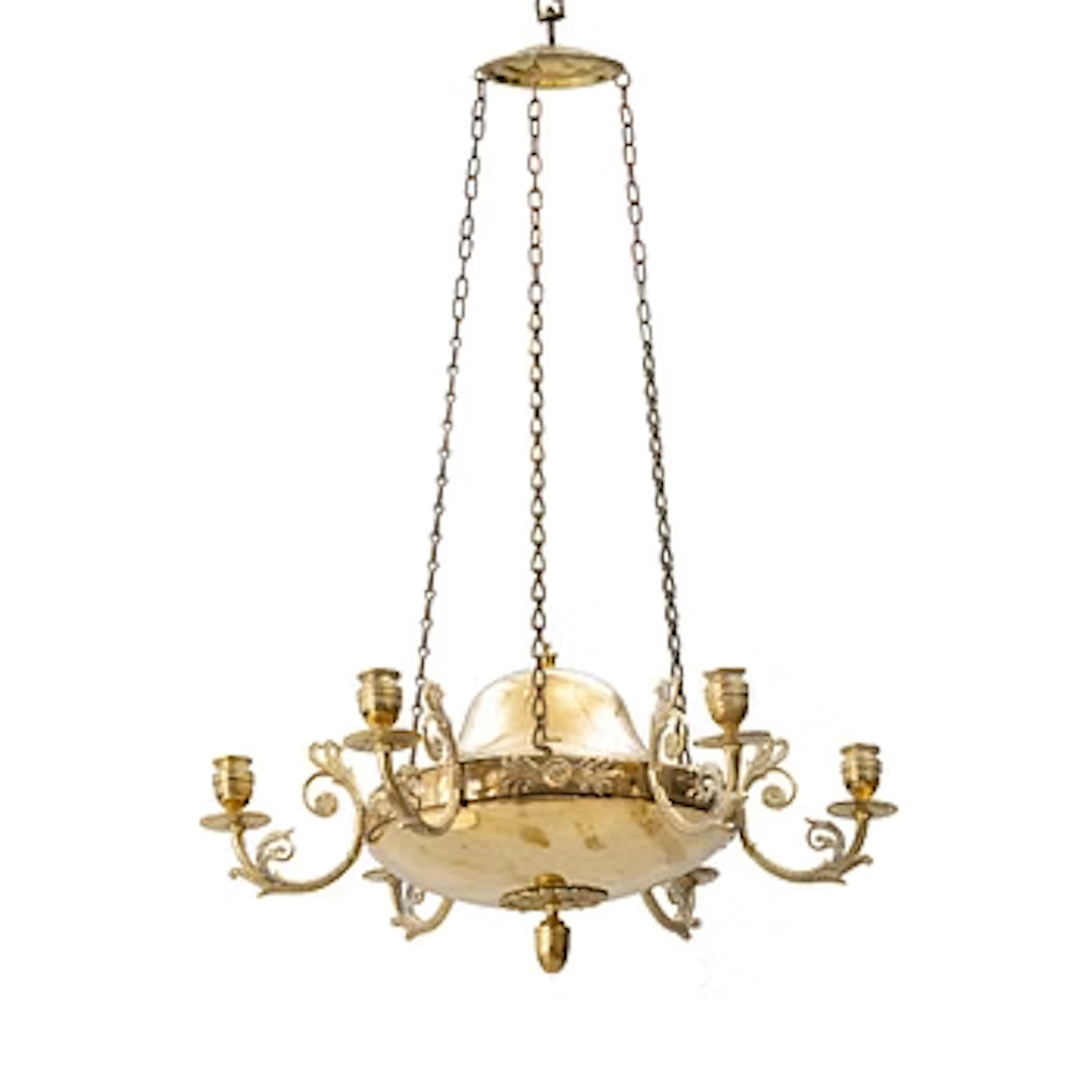 A Swedish Empire gilt brass six-branch chandelier, early 19th century.