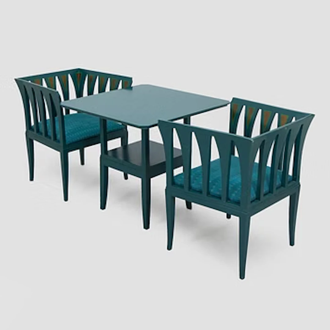 Eliel Saarinen, A pair of armchairs and a table 'Blue suite' for Adelta