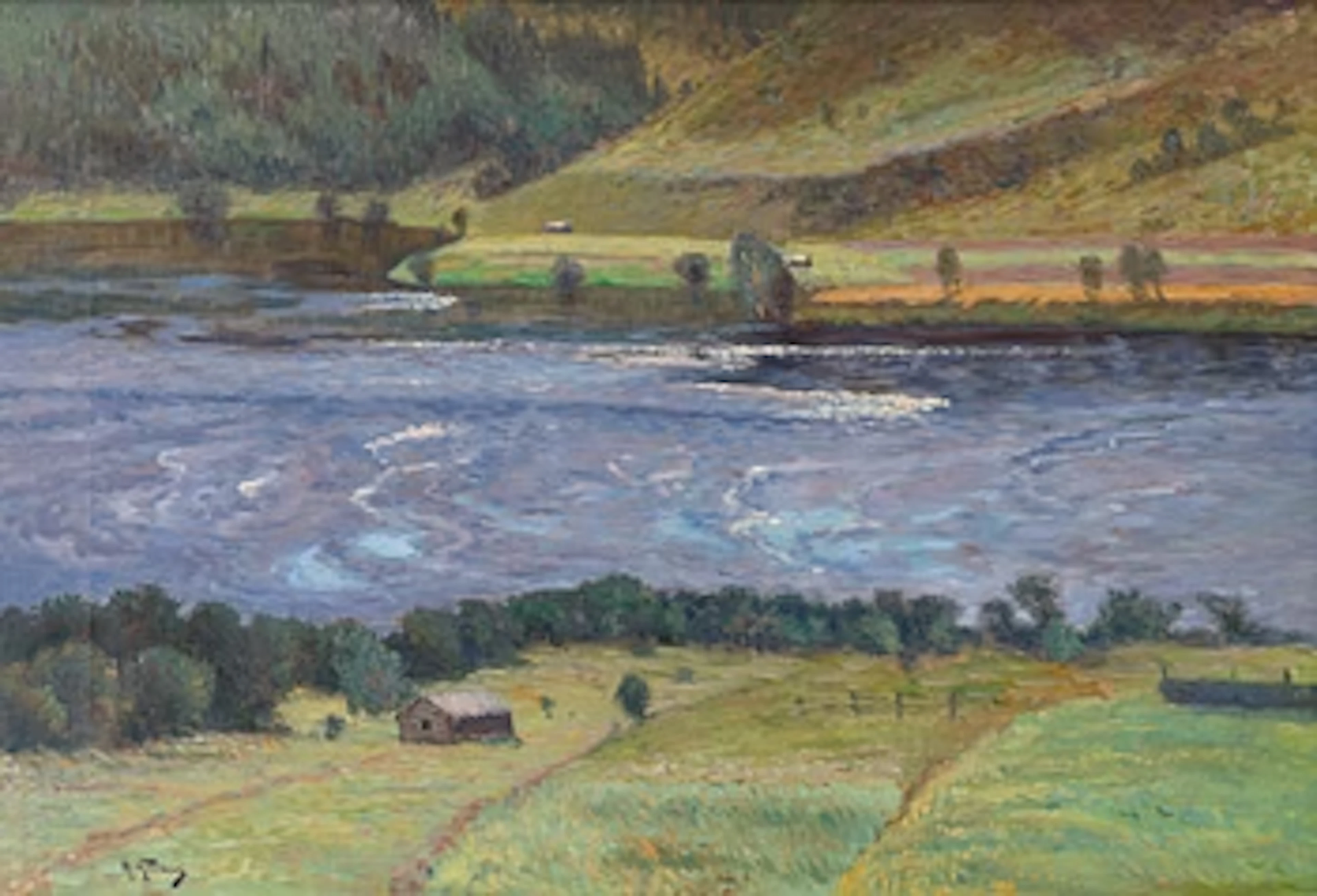 Anton Genberg, River landscape with mountain huts.