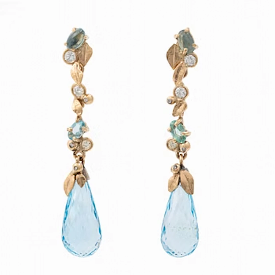 Earrings, Mandelstam, 18K gold with briolette-cut topazes, apatite