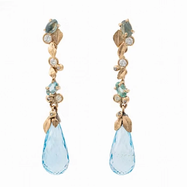 Earrings, Mandelstam, 18K gold with briolette-cut topazes, apatite