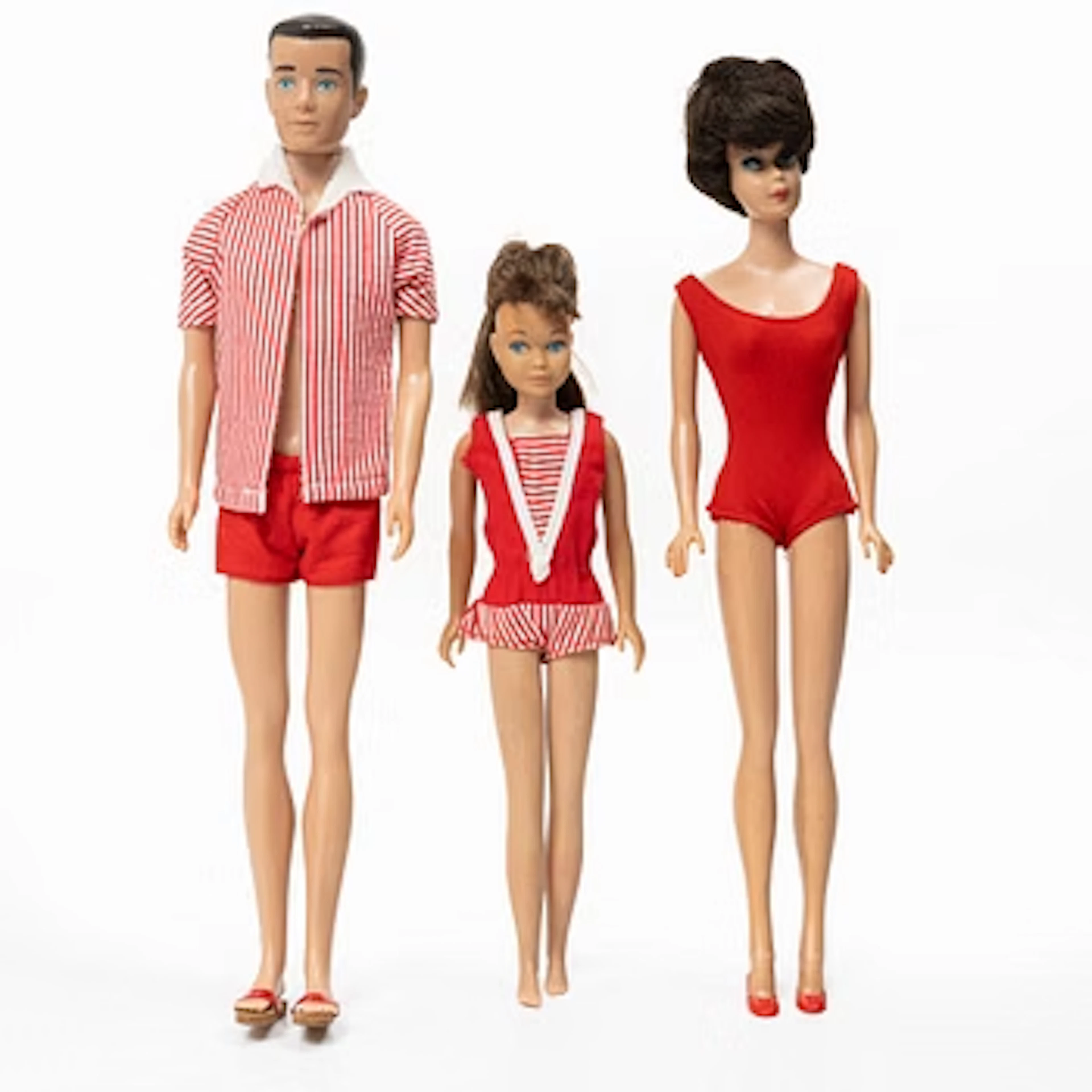 Barbie dolls, 3 pcs, “Barbie Bubble Cut”, “Skipper” & “Ken”, Mattel, 1960s.