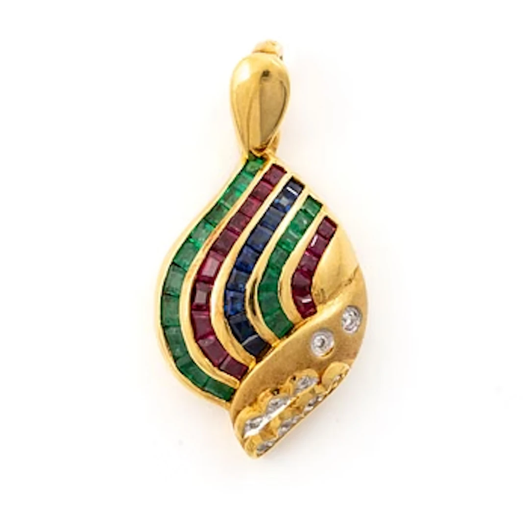 Pendant, 18K gold with emeralds, diamonds, rubies and sapphires.