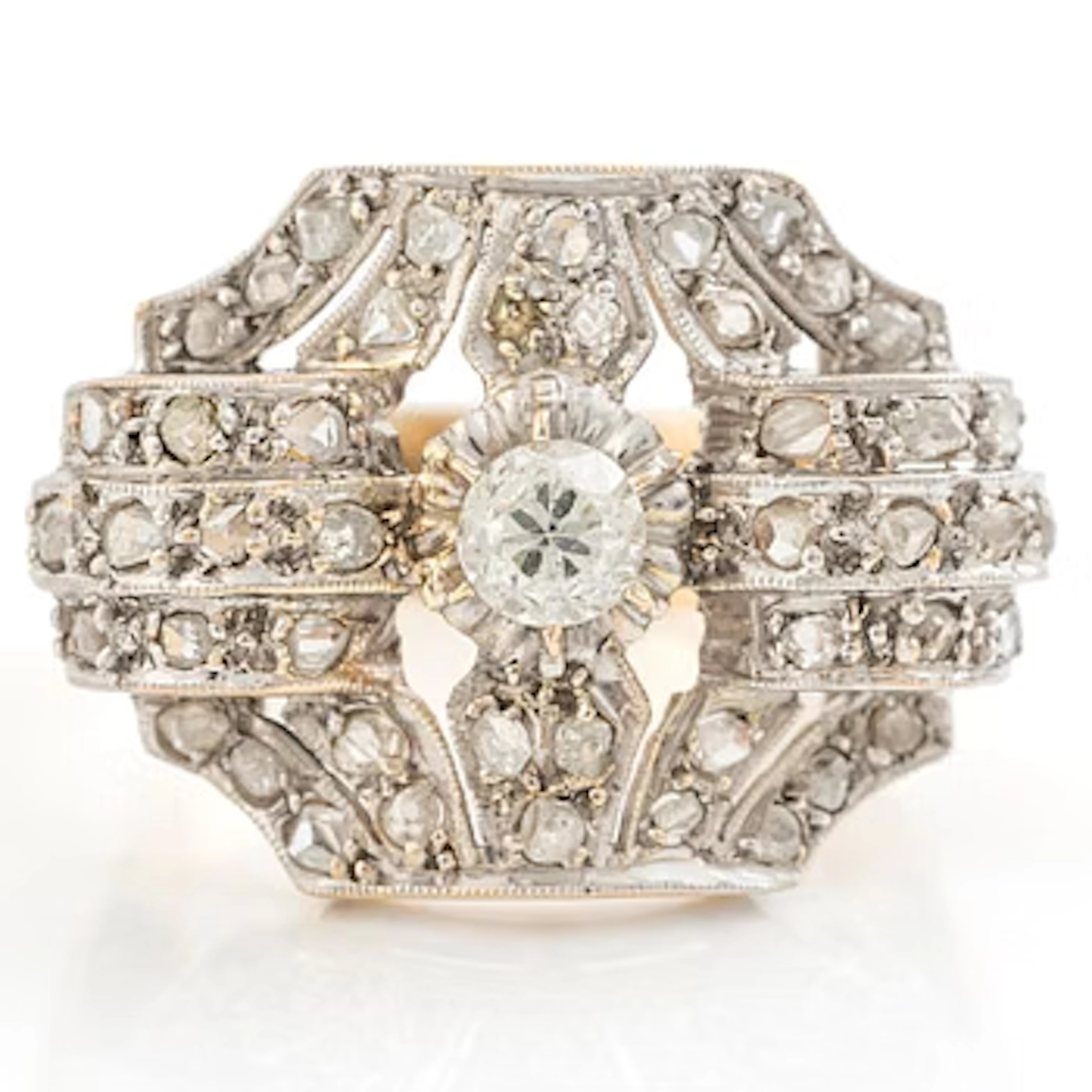 Ring in 18K gold and platinum set with an old-cut diamond and rose-cut