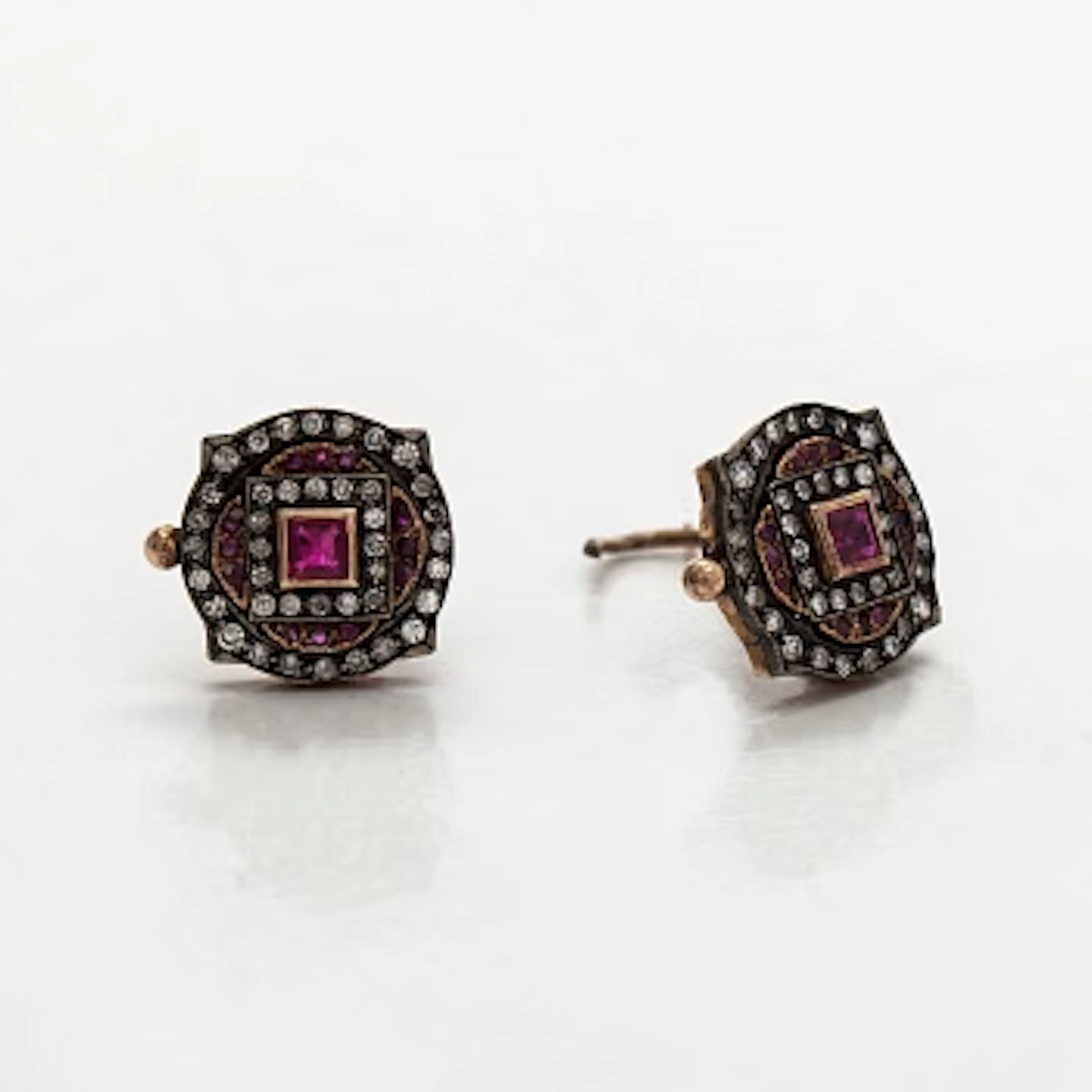 Earrings, 8/8 cut diamonds, rubies, 14K gold, silver.