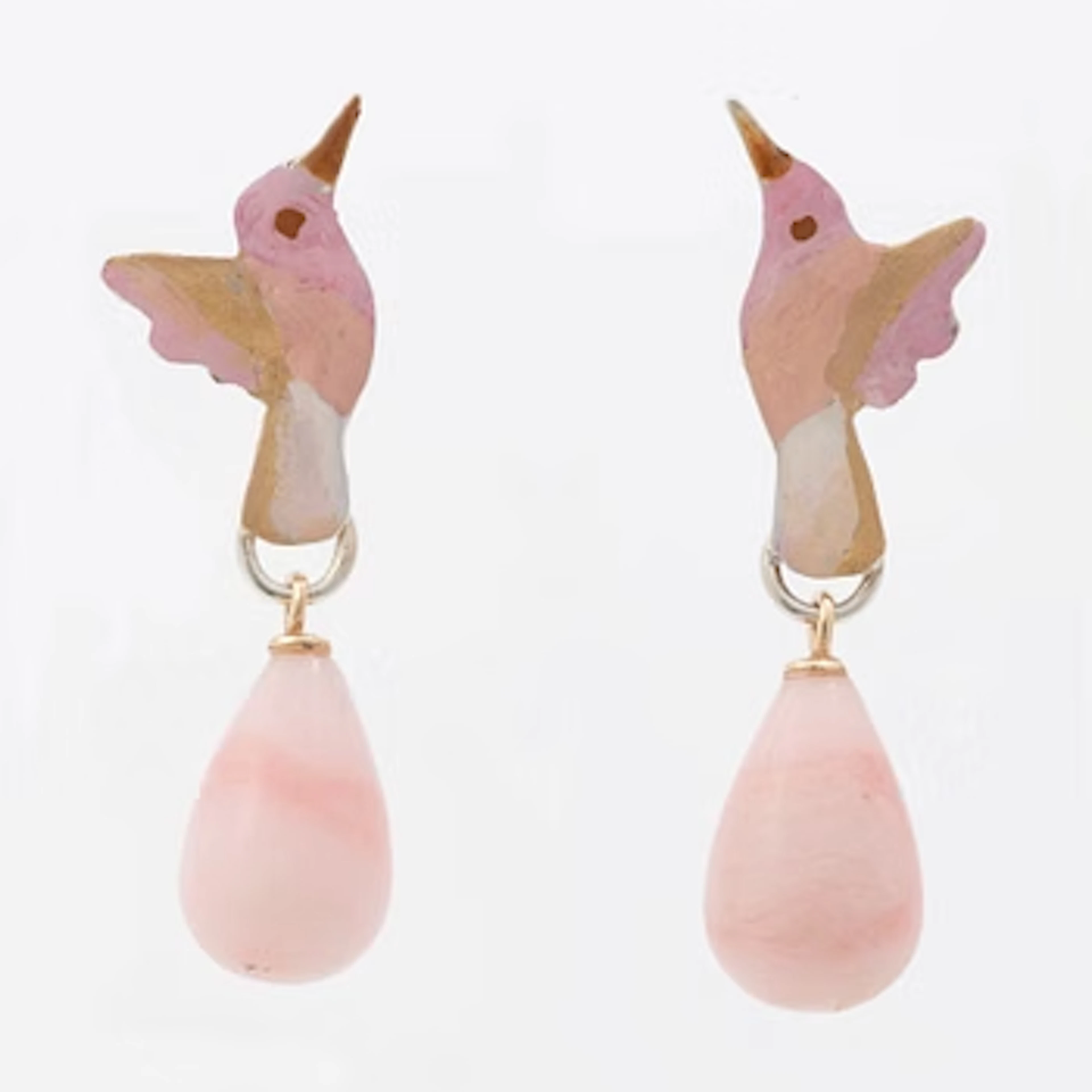 Mandelstam hummingbird earrings in silver and 18K gold, enamel and pink opal.