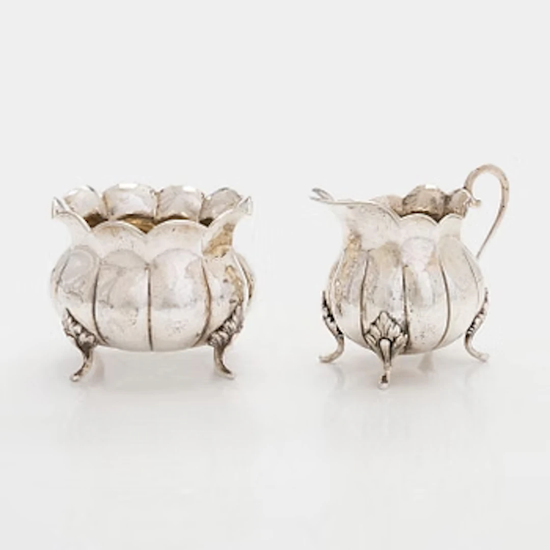 Silver cream jug and sugar bowl, possibly Germany, pseudo marks, import