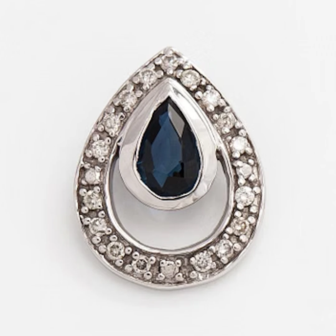 Pendant, faceted sapphire, brilliant cut diamonds, 14K white gold.