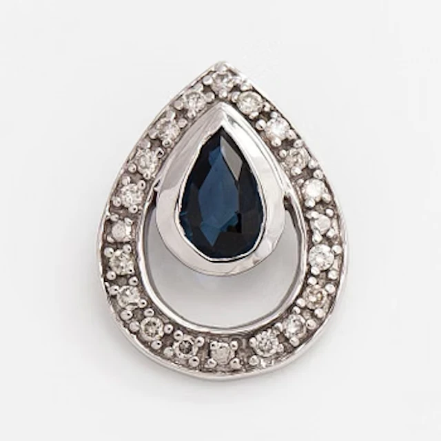 Pendant, faceted sapphire, brilliant cut diamonds, 14K white gold.
