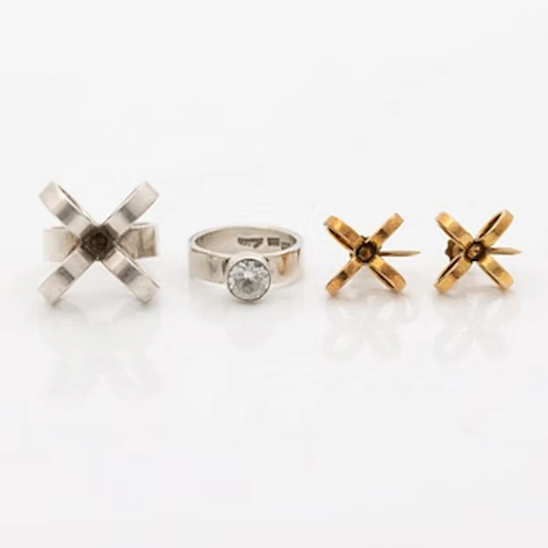 Cecilia Johansson, Two rings and a pair of earrings, silver and gilt silver.
