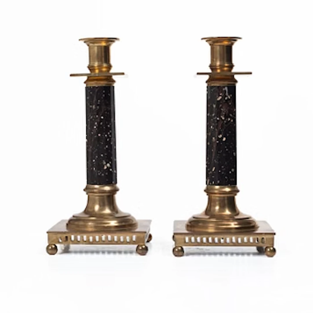 A pair of candlesticks brass and porphyry, EOS Jönköping, 20th century.